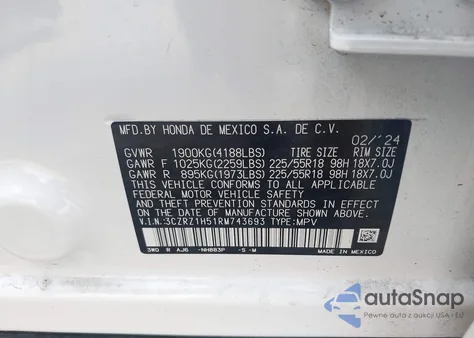 2024 Honda Hr-V 2Wd Sport/2Wd Sport W/O Bsi из США, поврежденный, VIN 3CZRZ1H51RM743693